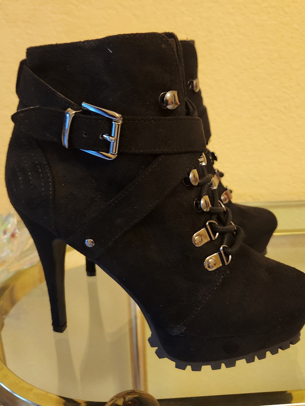 Black Suede Lace-Up High Heel Ankle Boots with Buckle